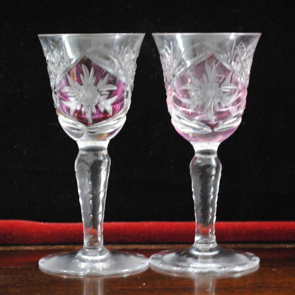 Pair of 2 Vintage Bohemian Cut Crystal Cordial Glasses with Amethyst Paint
